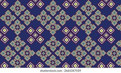 Dark blue background with colorful outlined diamonds in white, green, orange, and teal forms a bold, rhythmic geometric pattern full of energy and style.