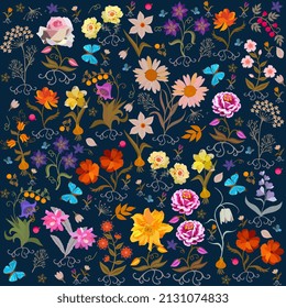 Fondo azul oscuro con lindas flores de jardín de dibujos animados, bayas, hojas, raíces, bombillas, mariposas. Un adorno floral romántico y sin inconvenientes. Imprimir para tela, papel pintado. Elementos de diseño.
