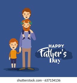 dark blue background with dad and two kids on the fathers day vector illustration