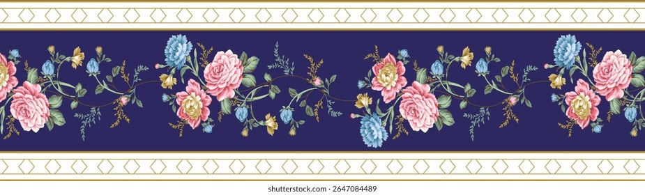 Dark blue background with delicately shaded flowers creates an antique, nostalgic charm perfect for traditional interiors.