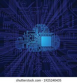 Dark blue background with electrical circuit board silhouette and virtual digital cloud technology symbol