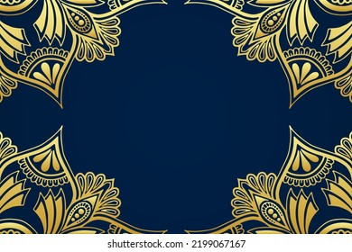Dunkelblauer Hintergrund, ethnisches Vintage-Titeldesign. Geometrisches, einzigartiges goldenes Muster, Platz für Text, Boho Stil. Abstrakte Stammesschmuck aus Ost, Asien, Indien, Mexiko, Aztec, Peru. 