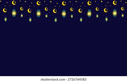 Um fundo azul escuro apresenta uma borda superior decorativa com lanternas brilhantes, luas crescente e estrelas, criando uma atmosfera festiva no céu noturno. Este design é adequado para várias celebrações religiosas ou culturais.