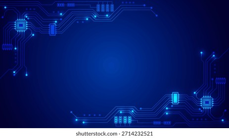 Dark blue background featuring bright neon blue electronic circuit patterns with geometric lines connecting square microchips and data nodes. 