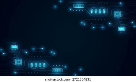 Fondo azul oscuro con patrones de circuito electrónico azul neón brillante con líneas geométricas que conectan microchips cuadrados y nodos de datos.