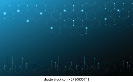 Un fondo azul oscuro con un patrón de red digital con hexágonos en la parte superior y líneas de placa de circuito en la parte inferior, con Elementos brillantes.