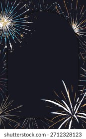 Fondo azul oscuro con fuegos artificiales. El fondo presenta vibrantes ráfagas de azul y oro, creando una textura festiva y de celebración. Fondo de año Nuevo con Vector de espacio de copia.