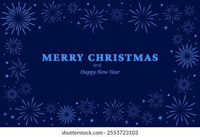 Dark blue Background with Blue Fireworks Frame in Flat style. Design for holiday celebration, Banner, greeting Card, Poster, flyer, Background. Vector illustration