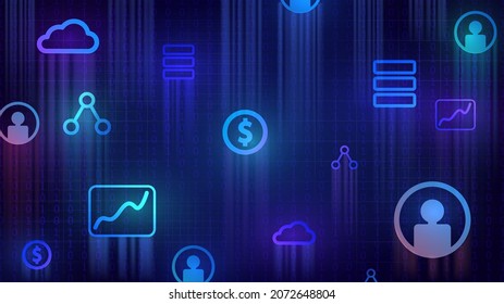 Dark blue background with flying application icons, illustration of internet technologies and cloud services