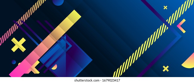 Fondo azul oscuro, elementos geométricos de colores rosa y amarillo brillante, líneas y puntos para texto, diseño universal, banner
