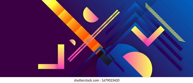 Fondo azul oscuro, elementos geométricos de colores rosa y amarillo brillante, líneas y puntos para texto, diseño universal, banner