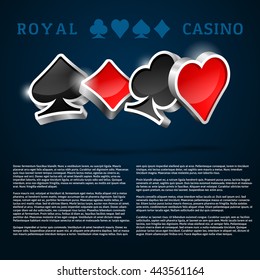 Dark blue background with glossy 3D cards suits and text template. Vector casino design. Poker club illustration. 