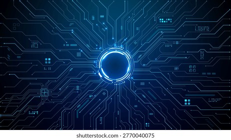 Dark blue background with glowing circuit patterns and electric lines creating a futuristic tech portal with neon light effects. Digital technology vector illustration.