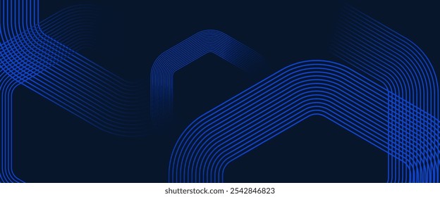 Fondo azul oscuro con líneas geométricas brillantes. Modelo azul brillante moderno de las líneas cuadradas redondeadas. Concepto de tecnología futurista. Ilustración vectorial