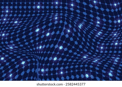 Dark blue background glowing grid lines dotted particles wavy, science tech background