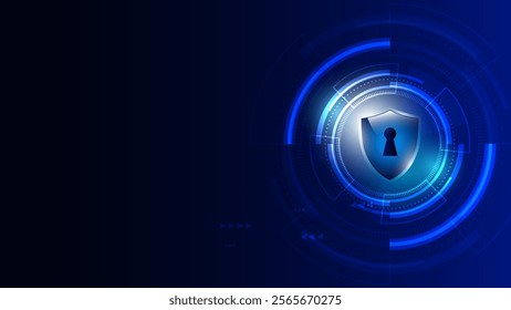 A dark blue background with a glowing shield icon at the center, surrounded by dynamic circular patterns and light effects, symbolizing cybersecurity and protection.