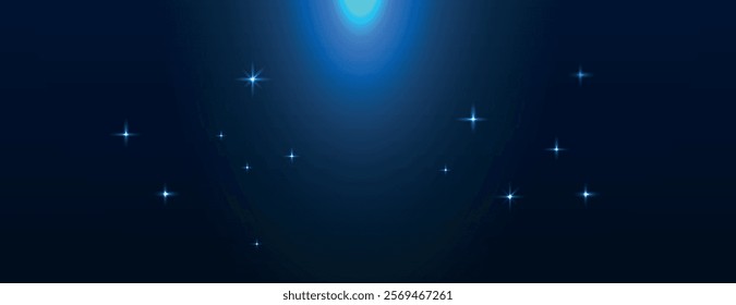 A dark blue background with a glowing blue spotlight effect. The background features scattered star-like sparkles, creating a cosmic texture. Sky background vector. Blue background.