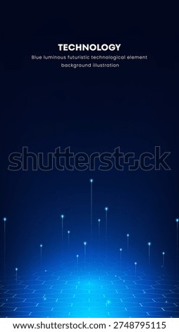 Dark blue background glows with light dots. Bright blue lights rise from the ground, creating depth. Text reads 