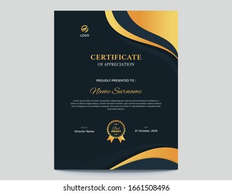 Dark Blue Background with Gold Waves Vertical Certificate