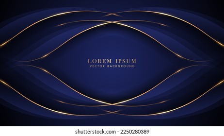 Fondo azul oscuro con líneas doradas y decoración de curva azul. Diseño vectorial de estilo elegante