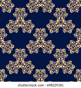 Dark blue background with golden seamless pattern. Ornamental colored background. Vector illustration