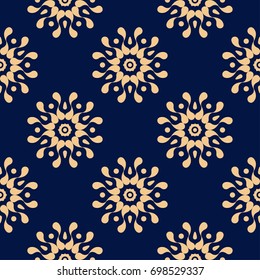 Dark blue background with golden seamless pattern. Ornamental colored background. Vector illustration