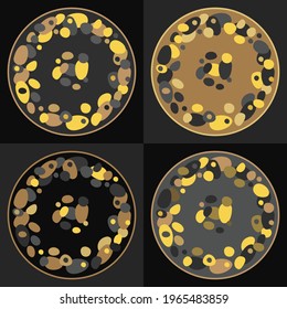 Dark blue background, graphic circles. Multi-colored ovals and circles.