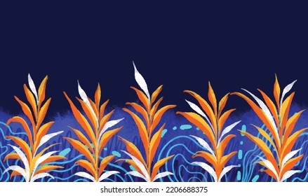 Dark Blue Background With Blue Grass And Yellow Tall Plants Ornament Decoration For Presentation Cover Template Wallpaper