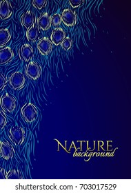 Dark blue background with green feathers of tail peacock. Nature pattern. Vector illustration. Use for design invitation card, wedding card, invitation card of carnival.