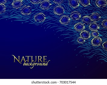 Dark blue background with green feathers of tail peacock. Nature pattern. Vector illustration. Use for design invitation card, wedding card, invitation card of carnival.