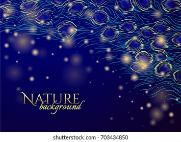 Fondo azul oscuro con plumas verdes de pavo real y luces amarillas. Ilustración vectorial Uso para diseño tarjeta de invitación, tarjeta de boda, tarjeta de invitación del carnaval, tarjeta de vacaciones. Hanuka
