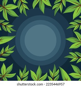 Dark blue background with green fresh leaves frame isolated on square shaped template. Vector wallpaper for poster, greeting cards, social media post, cover title card, and other with go green theme.
