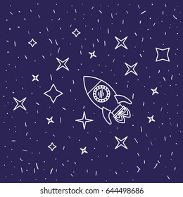 dark blue background with hand drawn flying rocket in starry sky vector illustration