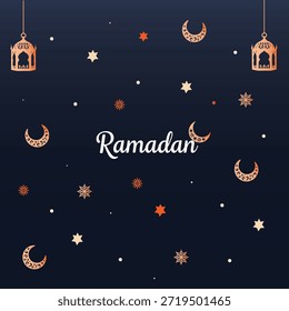Un fondo azul oscuro con linternas colgantes, lunas en media luna y estrellas, celebrando el mes sagrado del Ramadán.