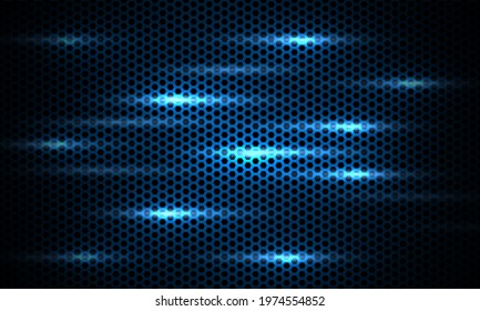 Dark blue background. Dark hexagon carbon fiber texture. Navy blue honeycomb metal texture steel background with bright flashes. Web design template vector illustration EPS 10.