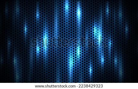 Dark blue background. Dark hexagon carbon fiber texture. Navy blue honeycomb metal texture steel background with bright flashes. Web design template vector illustration.