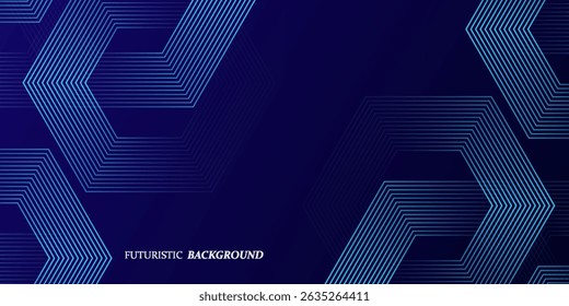 Plano de fundo azul escuro com padrão de linhas geométricas hexágono. Linhas de hexágono brilhantes abstratas. Conceito de tecnologia futurista