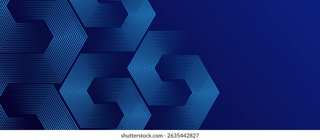 Plano de fundo azul escuro com padrão de linhas geométricas hexágono. Linhas de hexágono brilhantes abstratas. Conceito de tecnologia futurista. vetor