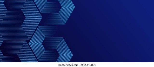Dunkelblauer Hintergrund mit Hexagon geometrischen Linien Muster. Abstrakte glänzende Sechsecklinien. Futuristisches Technologiekonzept. Vektor