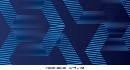 Plano de fundo azul escuro com padrão de linhas geométricas hexágono. Linhas de hexágono brilhantes abstratas. Design moderno de tecnologia futurista.