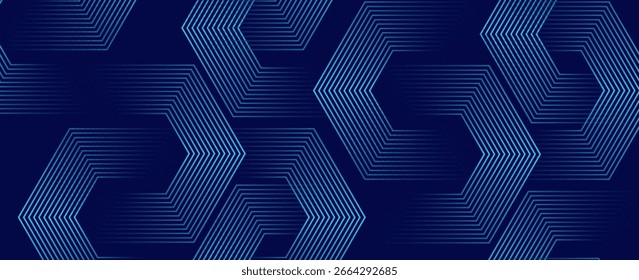 Fondo azul oscuro con patrón de líneas geométricas hexagonales. Abstractas líneas hexagonales brillantes. Concepto de tecnología futurista