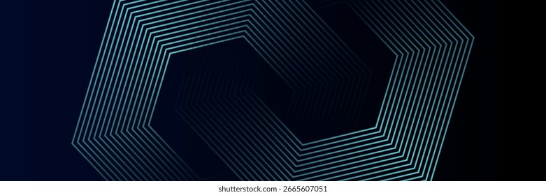 Fondo azul oscuro con patrón de líneas geométricas hexagonales. Abstractas líneas hexagonales brillantes. Concepto de tecnología futurista. ilustración de Vector