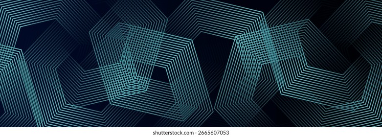 Fondo azul oscuro con patrón de líneas geométricas hexagonales. Abstractas líneas hexagonales brillantes. Concepto de tecnología futurista. ilustración de Vector