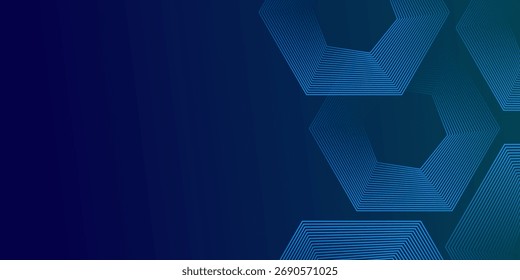 Plano de fundo azul escuro com padrão de linhas geométricas hexágono. Linhas de hexágono brilhantes abstratas. Conceito de tecnologia futurista