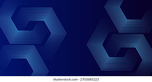 Dark blue background with hexagon geometric lines pattern. Abstract shiny hexagon lines.