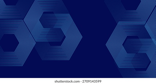 Fondo azul oscuro con patrón de líneas geométricas hexagonales. Abstractas líneas hexagonales brillantes. Concepto de tecnología futurista