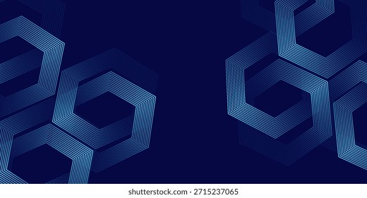 Dunkelblauer Hintergrund mit Hexagon geometrischen Linien Muster. Abstrakte glänzende Sechsecklinien. Futuristisches Technologiekonzept