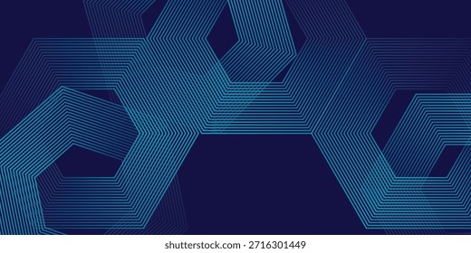 = Fondo azul oscuro con patrón de líneas geométricas hexagonales. Abstractas líneas hexagonales brillantes. Concepto de tecnología futurista