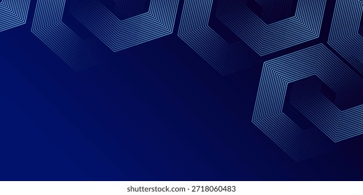 Fondo azul oscuro con patrón de líneas geométricas hexagonales. Abstractas líneas hexagonales brillantes. Concepto de tecnología futurista. Vector EPS 10