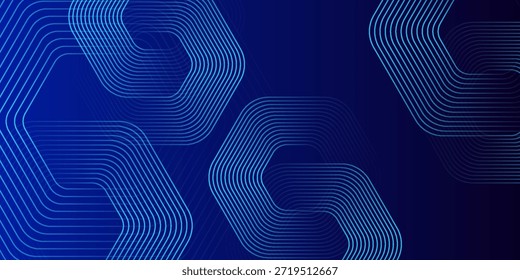 Plano de fundo azul escuro com padrão de linhas geométricas hexágono. Linhas de hexágono brilhantes abstratas. Conceito de tecnologia futurista